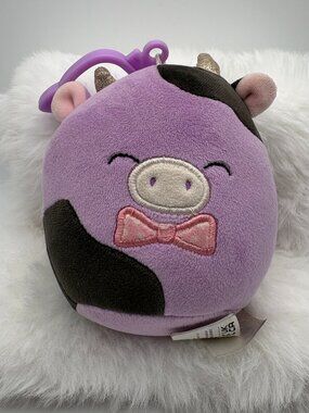 Alexie the Cow Squishmallows 3.5" Clip Purple Black Bowtie Stuffie (SKU: 764TO)